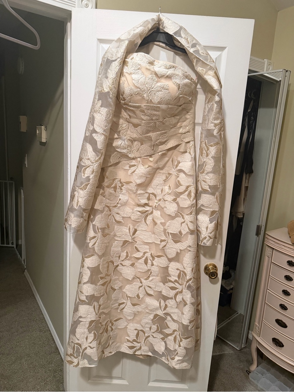 Jovani Strapless Cream Floral Lace A-Line Dress with Matching Bolero